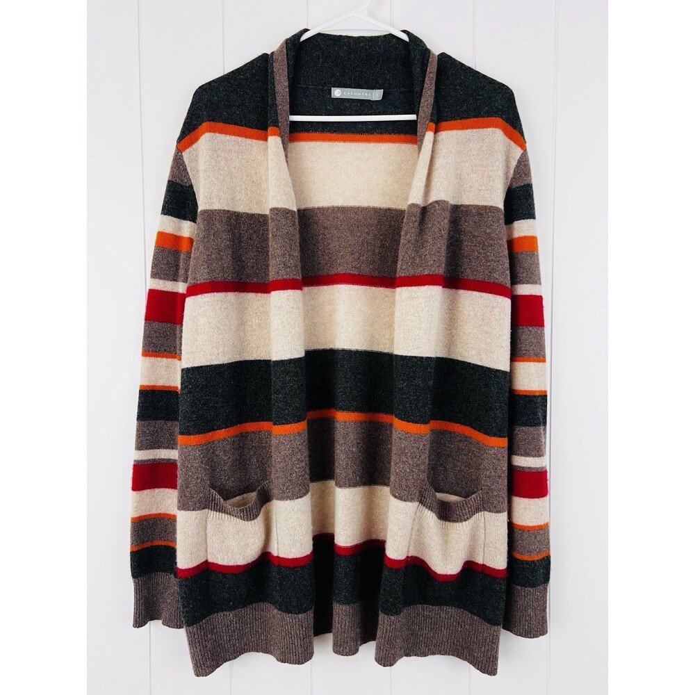 InCashmere NYC 100% Cashmere Neutral Tone Striped Cardigan Sweater Pockets Large